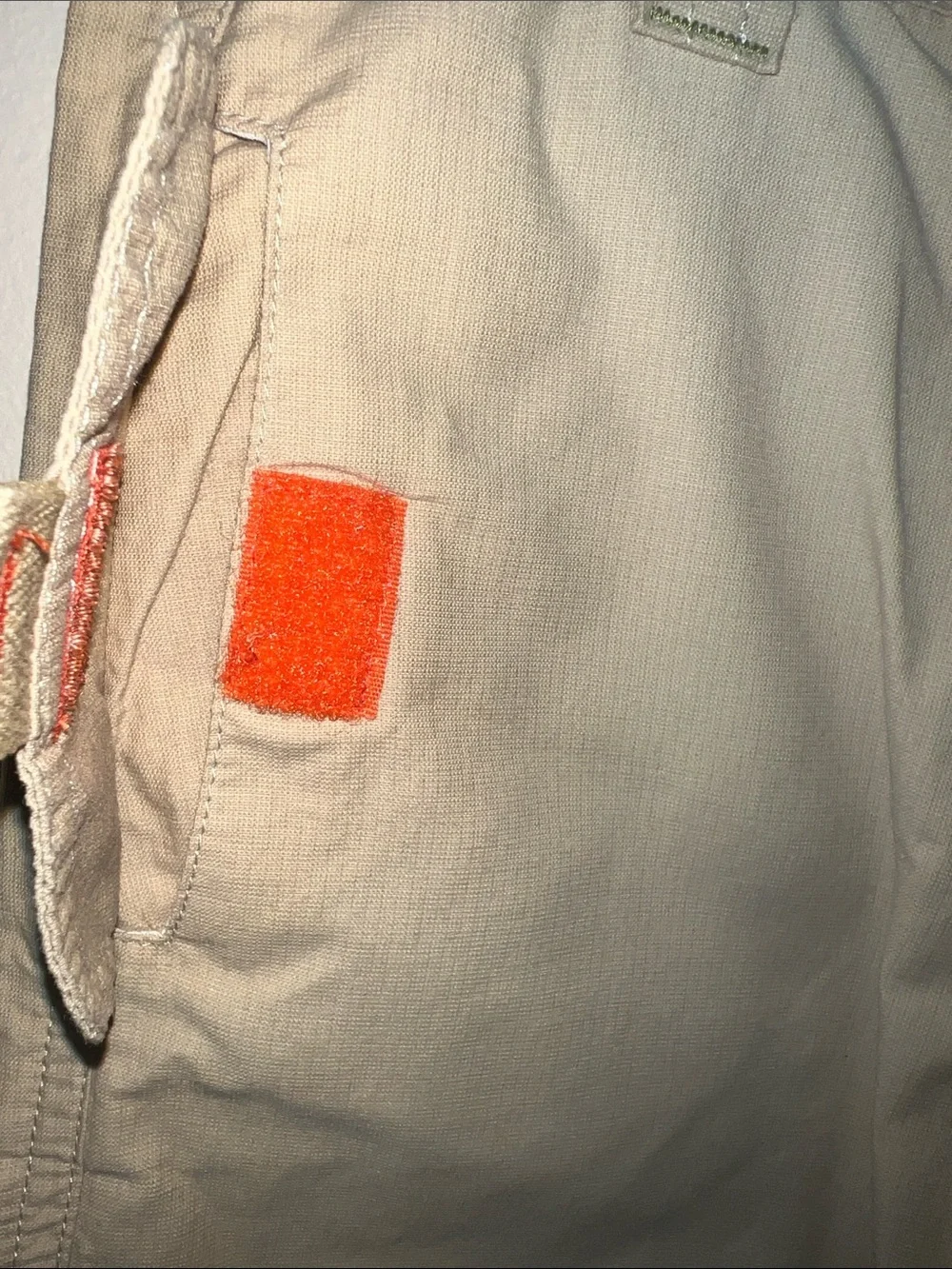 Tan Cargo Shorts with Velcro Pocket Flaps and Cool Bora Bora Island Patch​